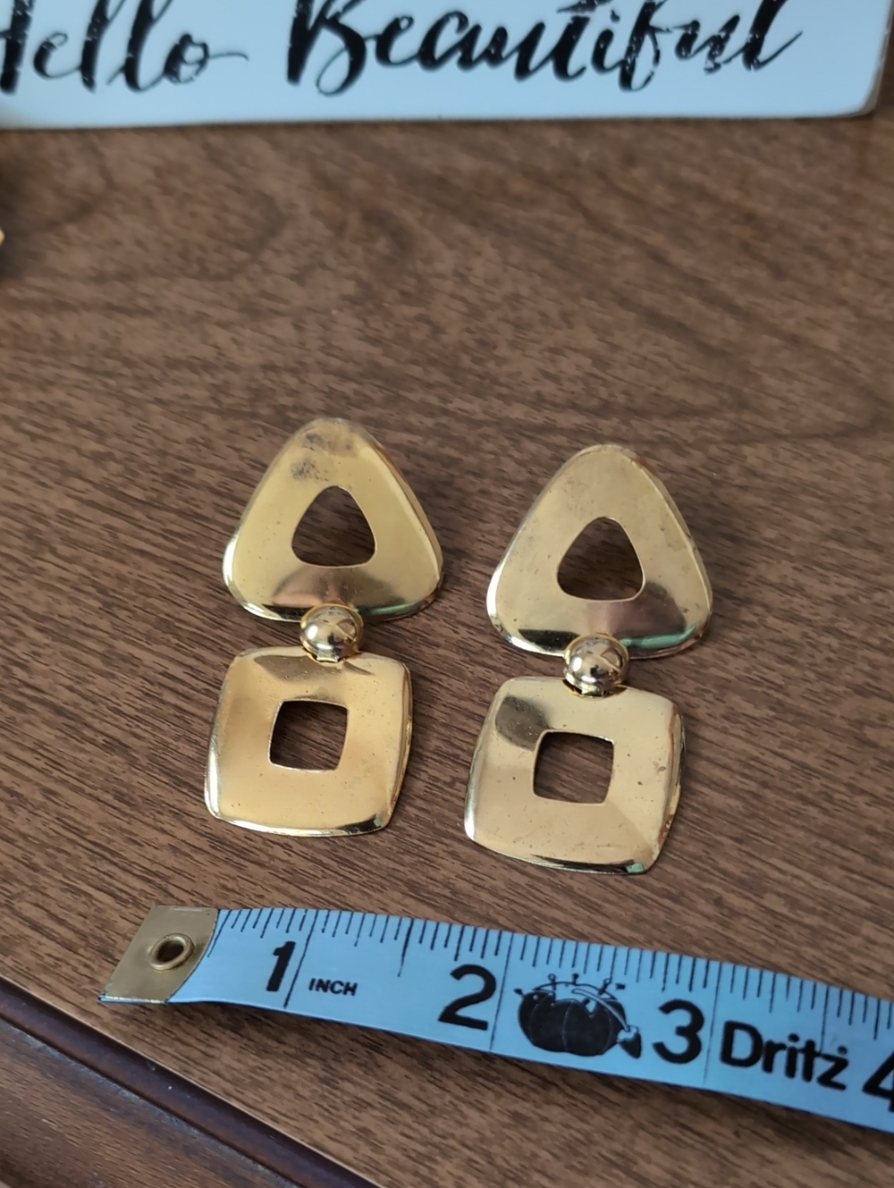 Vintage Gold Tone Geometric Cutout Statement Earrings Retro Chic Drop Dangle - Picture 6 of 7